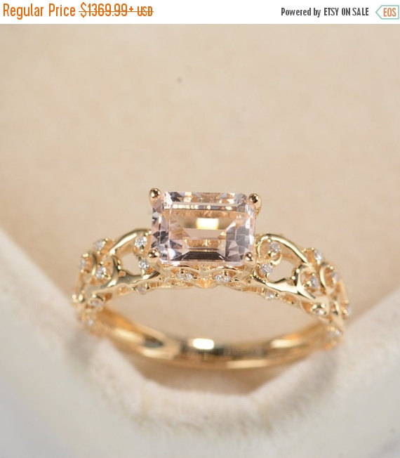 زفاف - SALE Morganite Engagement Ring, 1.12CT Natural Morganite ring Emerald Cut engagement ring Wedding ring Aniiversary ring bridal ring set
