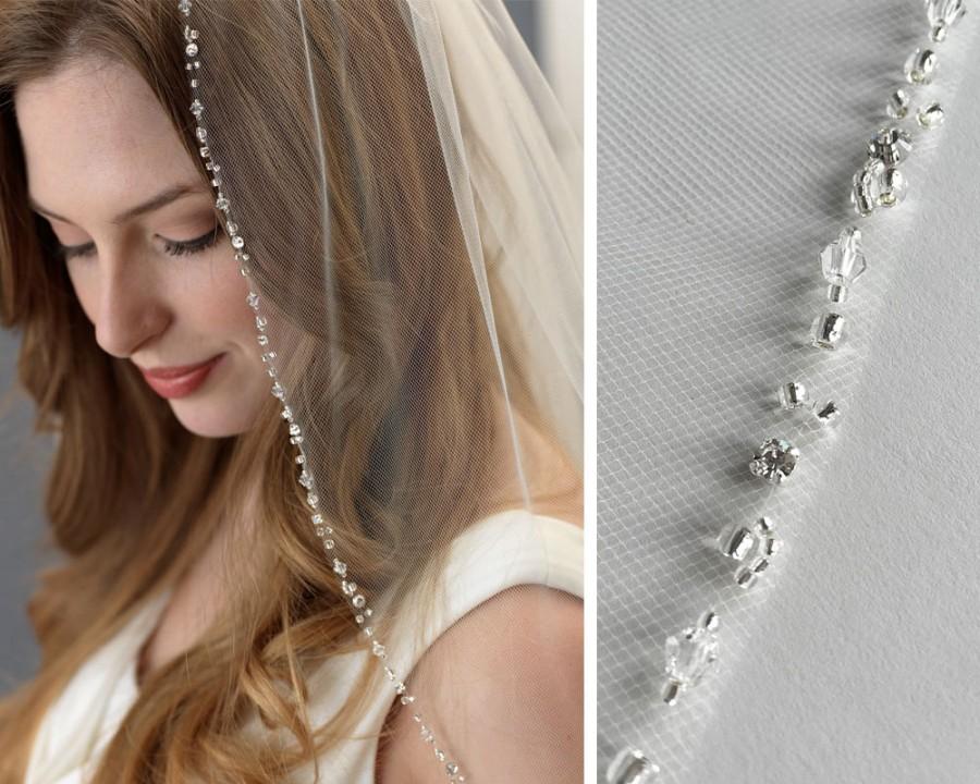 Wedding - Beaded Wedding Veil, Rhinestone Bridal Veil, Ivory Veil, Elbow Length Veil, Fingertip Length Veil, Veil for Bride, Bridal Headpiece ~VB-5061