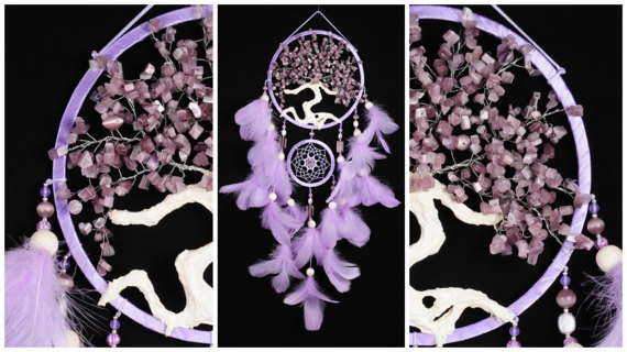 Mariage - Violet Dream Catcher Tree of life Dreamcatcher wedding Dream сatcher cat's eye gemstone iris dreamcatchers handmade gift lavander cat's eye