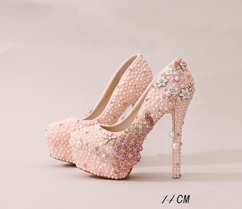 Mariage - Handmade High Heels Round Toe Pearls Crystal Wedding Shoes, S0038