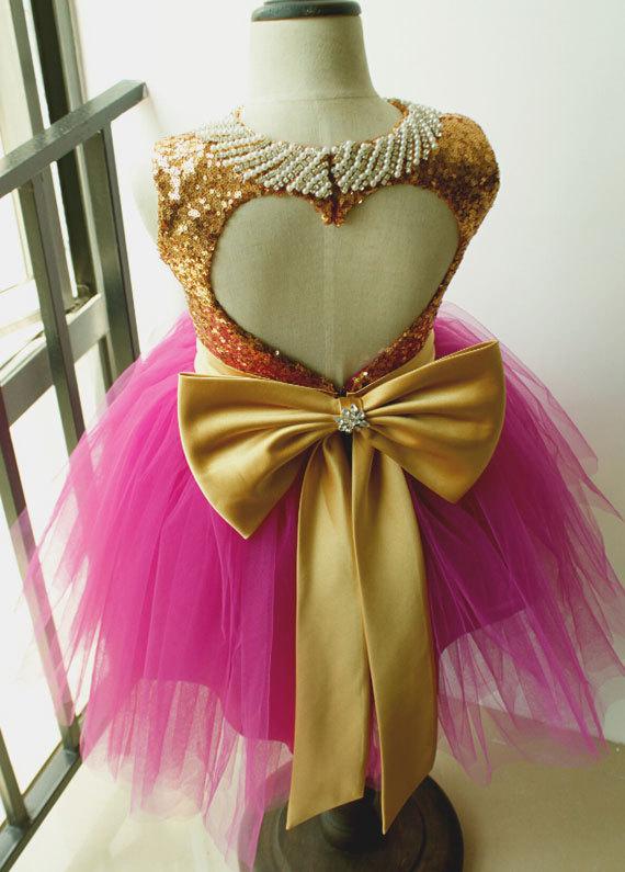 Hochzeit - Tutu Sequined Flower Girls Dress Gold Sequined Top With Light Plum Skirt Birthday Party Dress Pearl Neckline