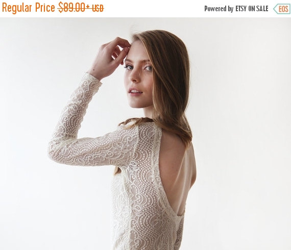 زفاف - Clearance Sale Backless Ivory lace top , Lace long sleeves blouse, Ivory formal lace blouse 2032