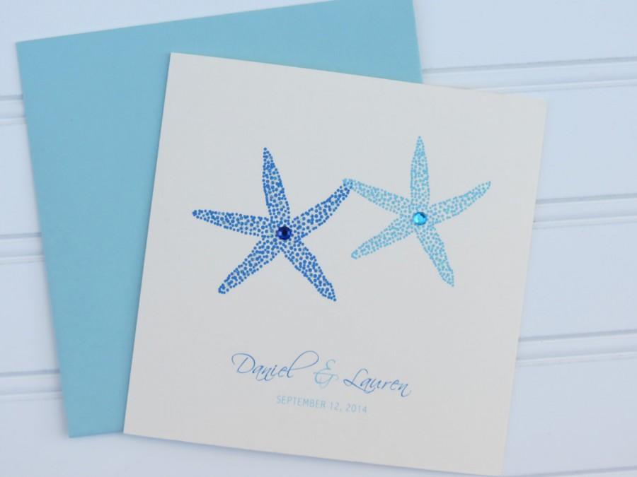زفاف - Blue Starfish Beach Coastal Custom Wedding Congratulations Card Personalized with Matching Seal, Envelope and Postage Stamp