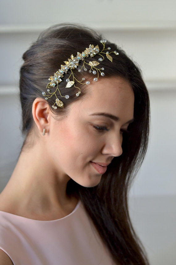 Hochzeit - Rhinestones floral comb hair back gold crystal hair comb bridal gold lieves hair vine back sparkling head piece wedding gold crystal sprigs