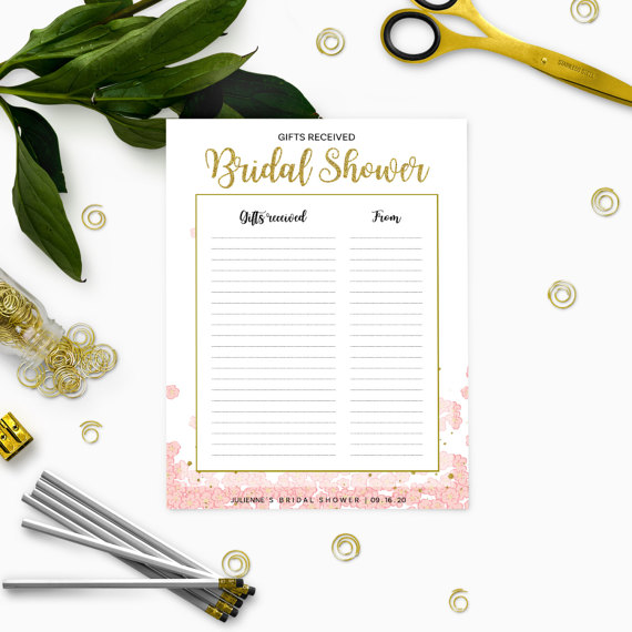 Wedding - Pink and gold Floral Bridal Shower Gifts List Personalized Template-Bridal Shower Gifts Received-DIY Printable List of Received Gifts