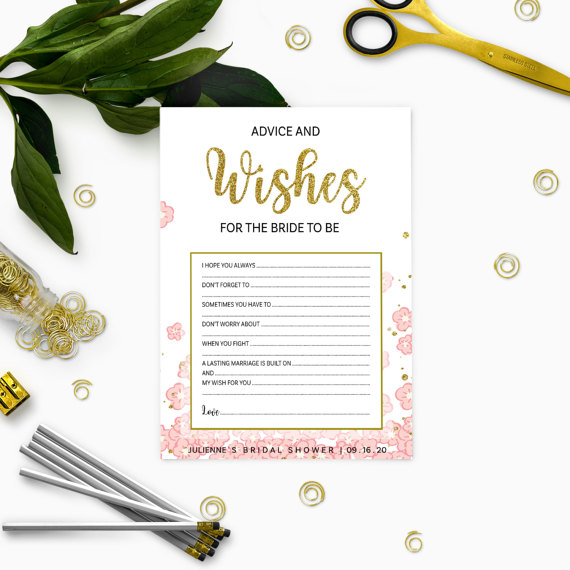 Свадьба - Pink and Gold Bridal Shower Advice and Wishes-Glitter Modern Floral Printable Personalized Bridal Shower Game-Bridal Shower Games