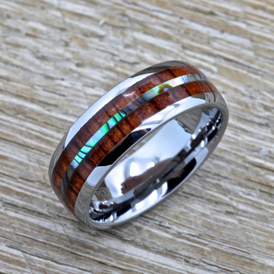Men's Tungsten Ring With Abalone Inlay, Hawaiian Koa Wood