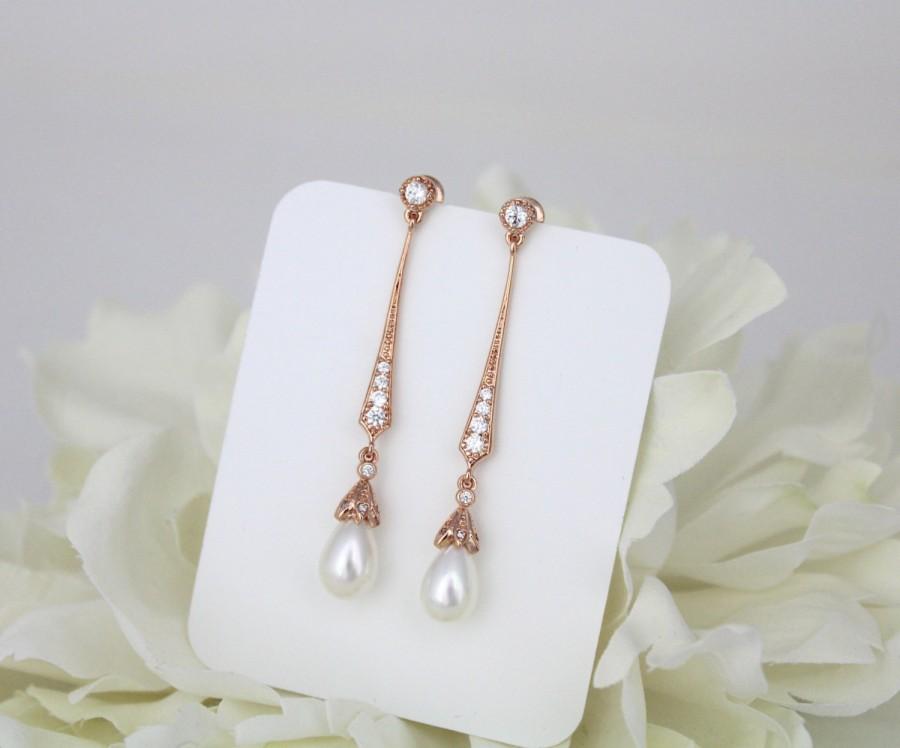 Wedding - Long rose gold earrings, Long Bridal earrings, Art Deco earrings, Pearl drop earrings, Wedding jewelry, Freshwater pearl earrings, Vintage