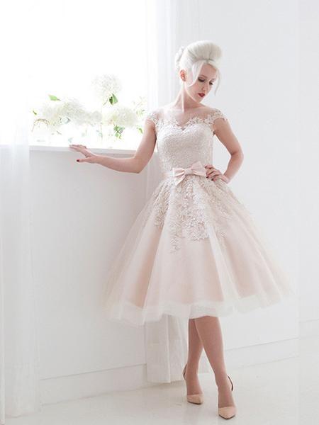 Свадьба - Frosty Pink Modest Retro Tea Length Wedding Dress DV2076