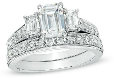 Hochzeit - 2-1/5 CT. T.W. Certified Emerald-Cut Diamond Three Stone Bridal Set in Platinum (H/SI2)