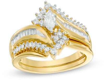 Hochzeit - 3/4 CT. T.W. Marquise Diamond Bypass Bridal Set in 14K Gold