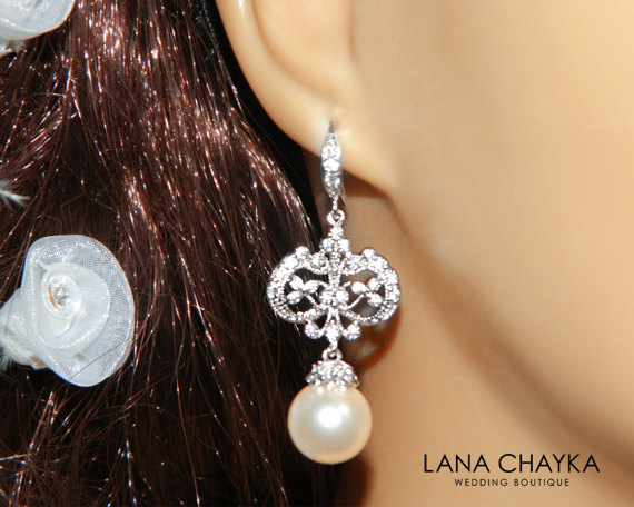Mariage - Pearl Chandelier Bridal Earrings Swarovski 10mm Pearl Earrings Ivory Pearl CZ Silver Dangle Earrings Vintage Style Pearl Wedding Earrings