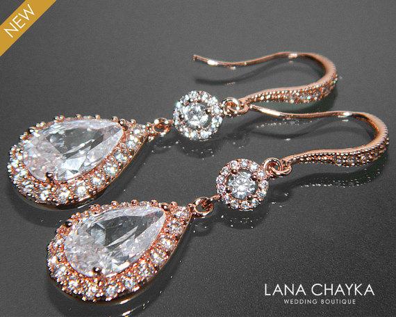 Wedding - Rose Gold Crystal Bridal Earrings Cubic Zirconia Chandelier Wedding Earrings Rose Gold Dangle CZ Earrings Sparkly Bridal Crystal Jewelry