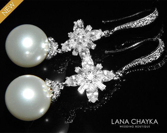 Mariage - Bridal Pearl Chandelier Earrings Swarovski 12mm White Pearl Earrings White Pearl Wedding Earrings Wedding White Pearl CZ Dangle Earrings