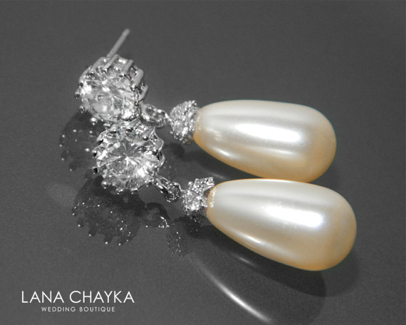 Hochzeit - Teardrop Pearl Bridal Earrings Swarovski Ivory Pearl Cubic Zirconia Earrings Cream Pearl Wedding Earrings Bridal Pearl Jewelry Prom Jewelry