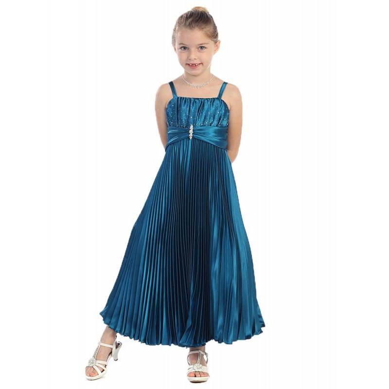 Wedding - Teal Shiny Satin Pleated Long Dress Style: D4251 - Charming Wedding Party Dresses
