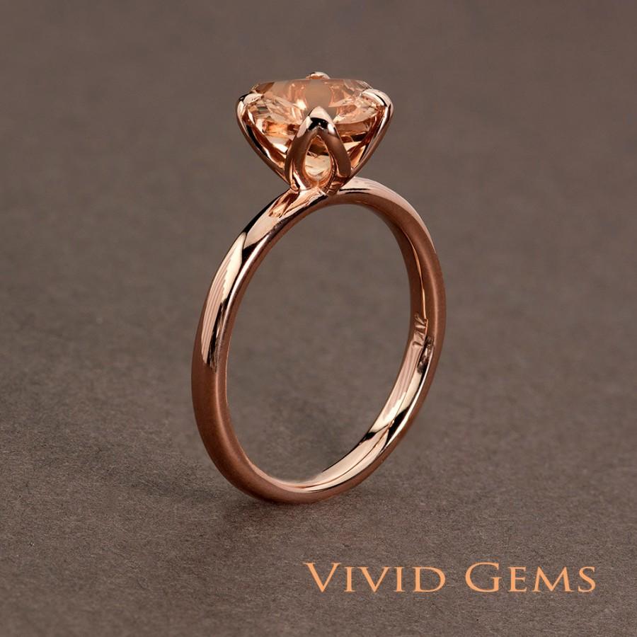 زفاف - Peachy Pink Morganite Rose Gold Ring,  Cushion Tulip Solitaire Engagement Ring, solid 14k rose gold