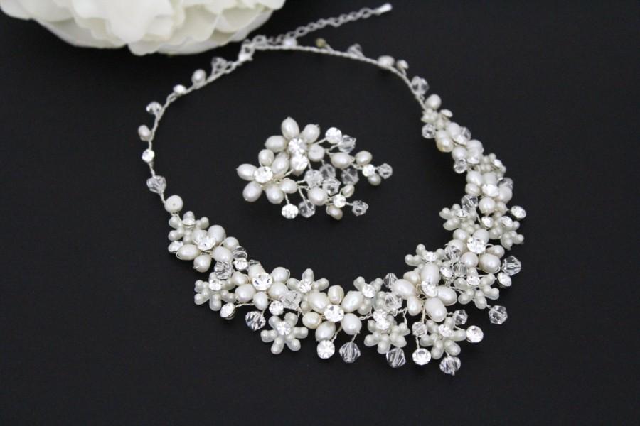 زفاف - Pearl Bridal necklace SET, Crystal Wedding jewelry, Freshwater pearl necklace, Swarovski crystal necklace, Pearl cluster earrings,