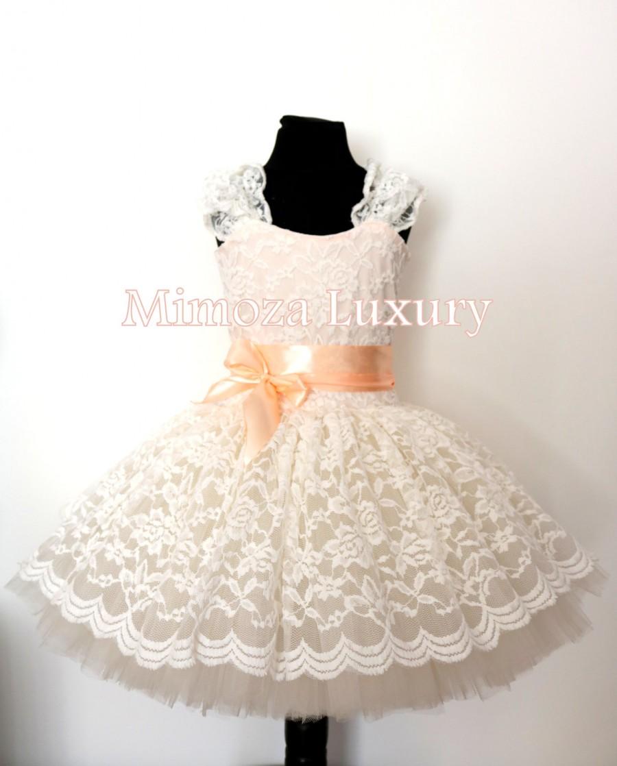 Mariage - Lace Ivory Peach Flower girl dress, Ivory Champagne Birthday dress, Cream Peach tutu dress, Christening lace tutu dress, Baptism lace dress