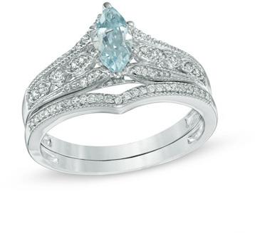 Mariage - Marquise Aquamarine and 1/5 CT. T.W. Diamond Vintage-Style Bridal Set in 10K White Gold
