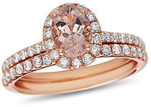 Wedding - Oval Morganite and 5/8 CT. T.W. Diamond Frame Bridal Set in 14K Rose Gold