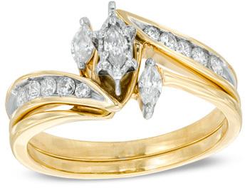زفاف - 1/2 CT. T.W. Marquise Diamond Three Stone Slant Bridal Set in 10K Gold