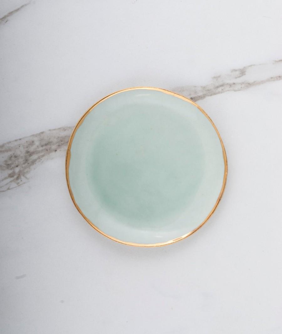 Wedding - Handcrafted Organic Round Aqua Blue Jewelry/Ring Dish with Gold Rim