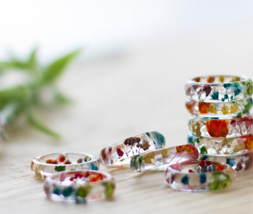 Wedding - Real Flower Ring - Rainbow Gyp, Botanical Jewellery , Baby's Breath, Pressed Flower Ring , Nature Jewellery , Handcrafted Ring