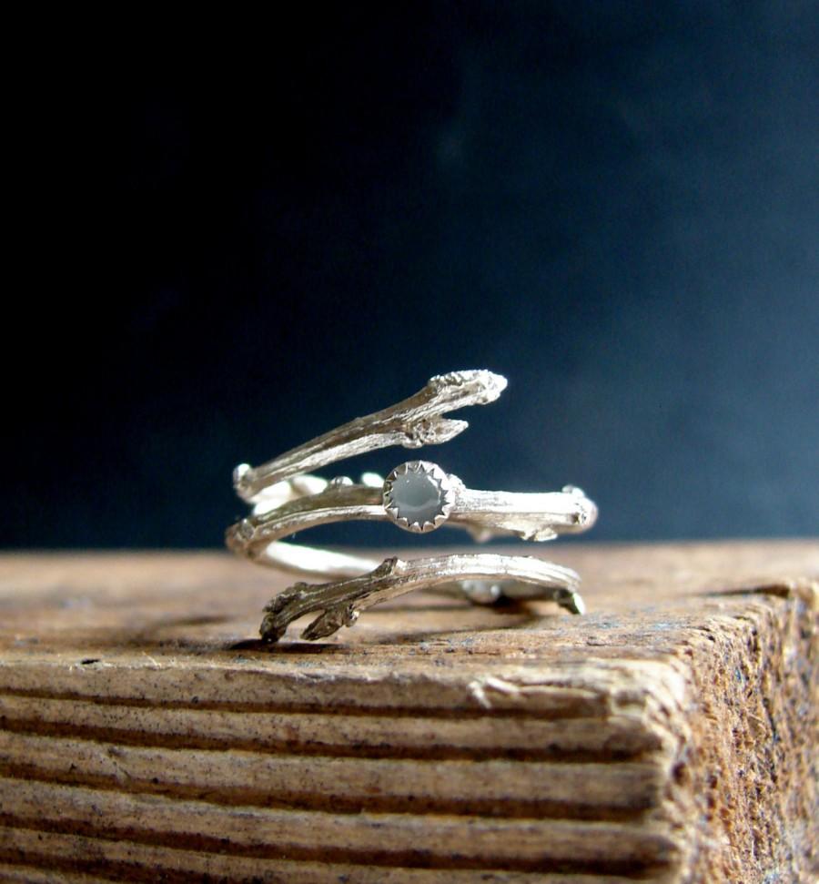 Wedding - Silver Twig Ring Milky Aquamarine Cabochon Light Blue March Birthstone Gifts for her Botanical Jewelry