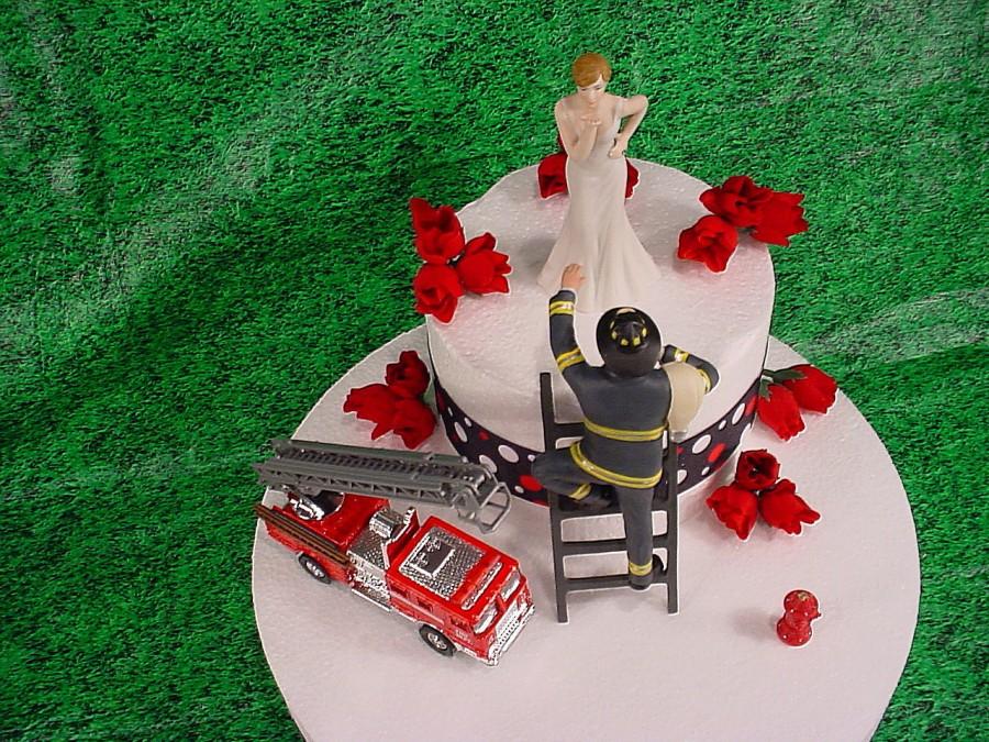 Wedding - Bride blowing Kisses and Fireman to the Rescue Groom Firefighter Wedding Cake Toppers Fire Hot FireTruck Romantic Couple Custom Figurines-1A