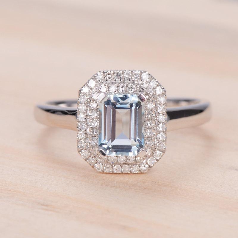 Mariage - Engagement Ring Aquamarine Ring Diamond Ring White Gold Ring Princess Cut Ring Halo Shape Ring Delicate Ring Anniversary Ring Promise Ring