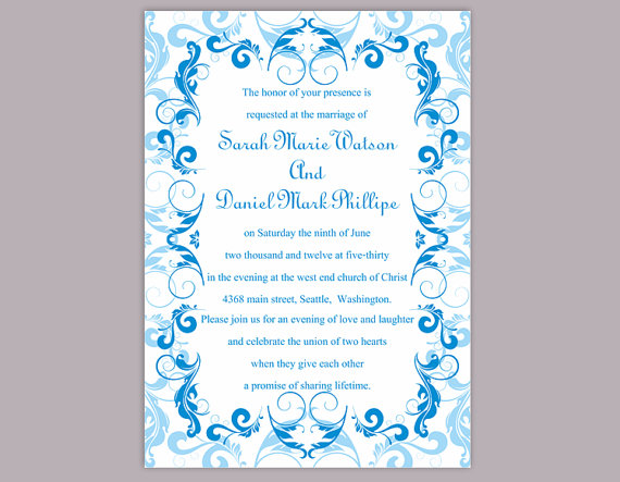 Свадьба - Wedding Invitation Template Download Printable Wedding Invitation Editable Blue Invitations Elegant Invites Turquoise Wedding Invitation DIY