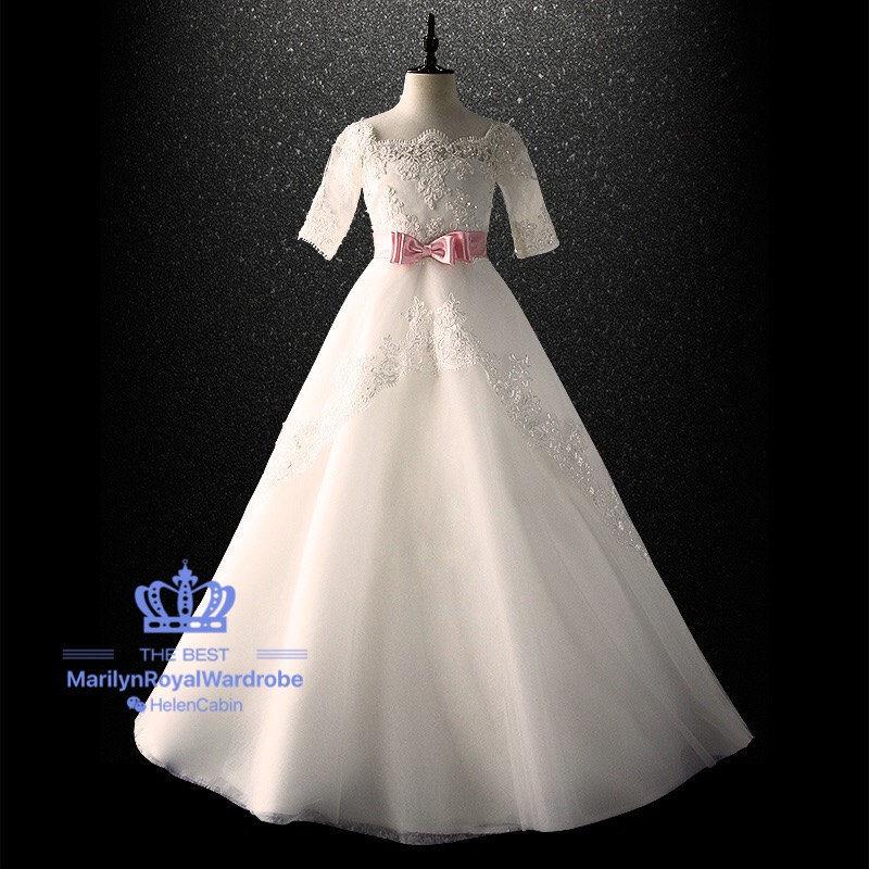 زفاف - Ivory Lace Tulle Trailing Flower Girl Dress Wedding Junior Bridesmaid With 1/2 Long Sleeve