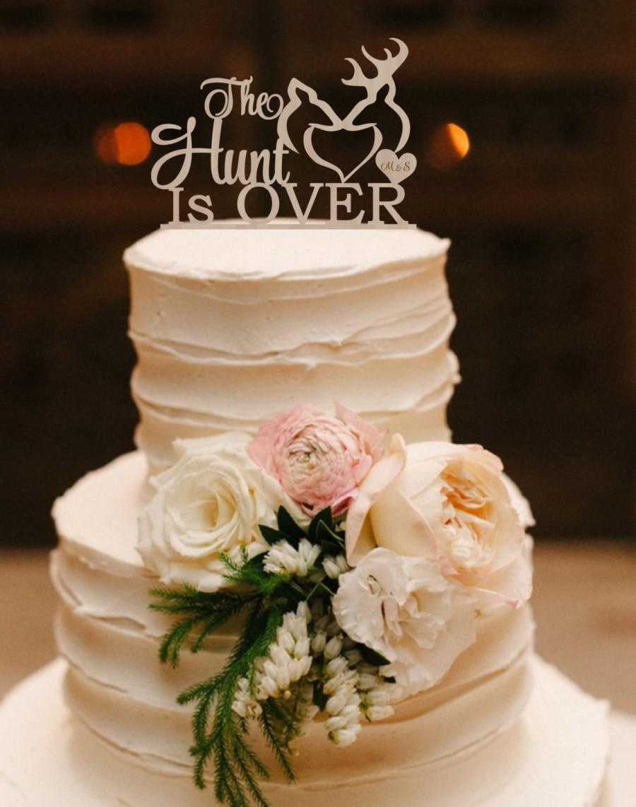 Hochzeit - Wedding Cake Topper The Hunt is Over  Deer Cake Topper Wedding Deer Buck and Doe  Rustic Wedding Cake Topper Wood Silver Gold