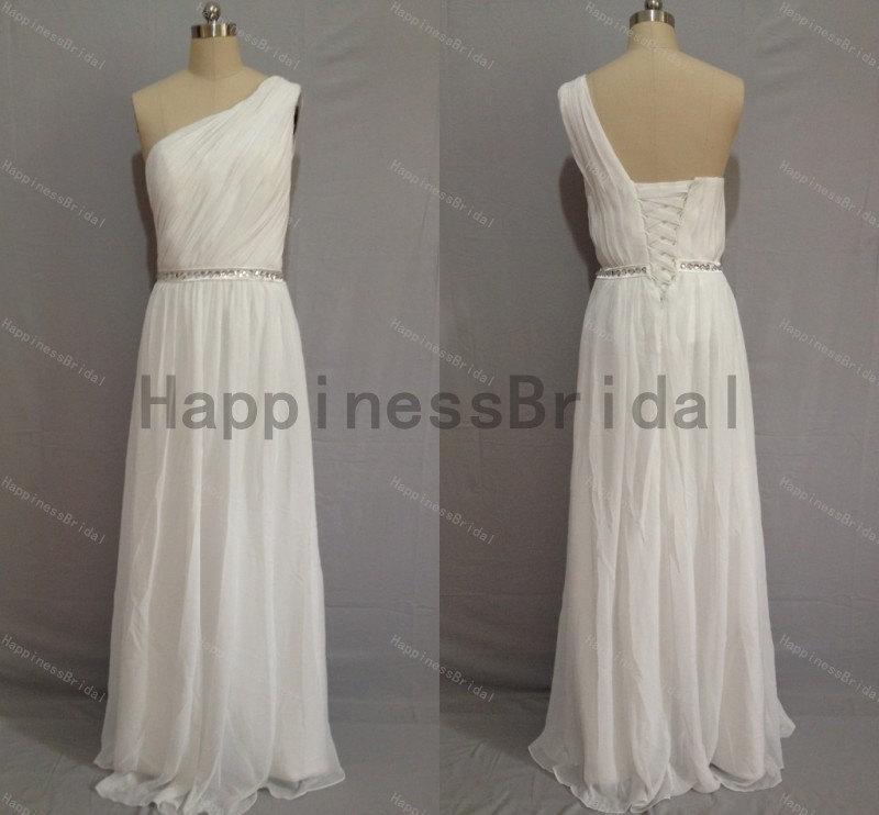 Wedding - White one-shoulder floor-length chiffon prom dress with sash,long prom dresses,bridesmaid dress,chiffon prom dress,formal evening dress 2016