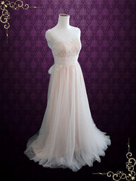 Hochzeit - Blush Whimsical Beach Lace Wedding Dress With Illusion Neckline And Tulle Skirt 