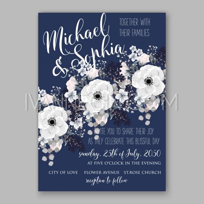 Wedding - Anemone Wedding Invitation Card Template Floral Bridal Wreath Bouquet with wight flowers, peony euca - Unique vector illustrations, christmas cards, wedding invitations, images and photos by Ivan Negin