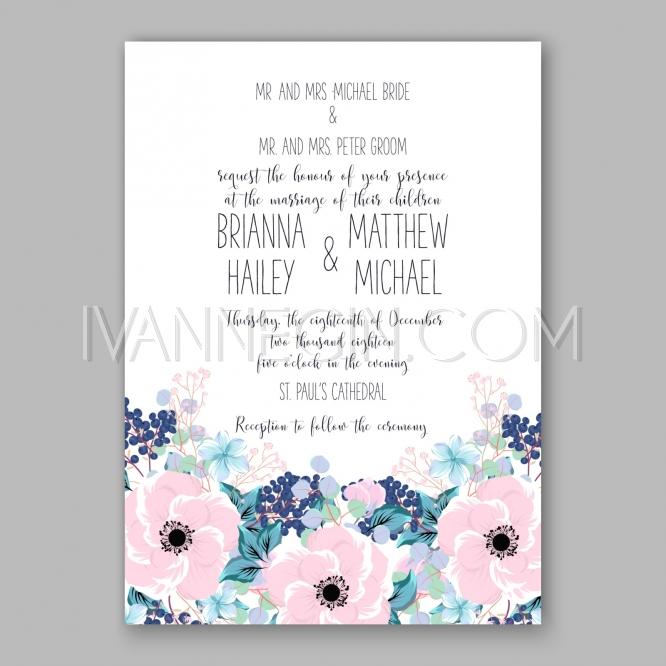 Mariage - Anemone Wedding Invitation Card Template Floral Bridal Wreath Bouquet with wight flowers, peony euca - Unique vector illustrations, christmas cards, wedding invitations, images and photos by Ivan Negin