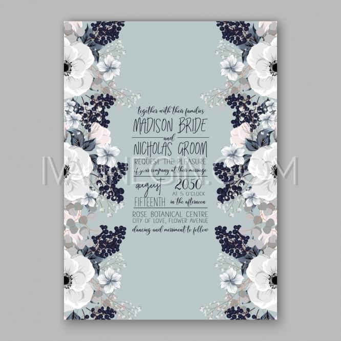 Wedding - Anemone Wedding Invitation Card Template Floral Bridal Wreath Bouquet with wight flowers, peony euca - Unique vector illustrations, christmas cards, wedding invitations, images and photos by Ivan Negin