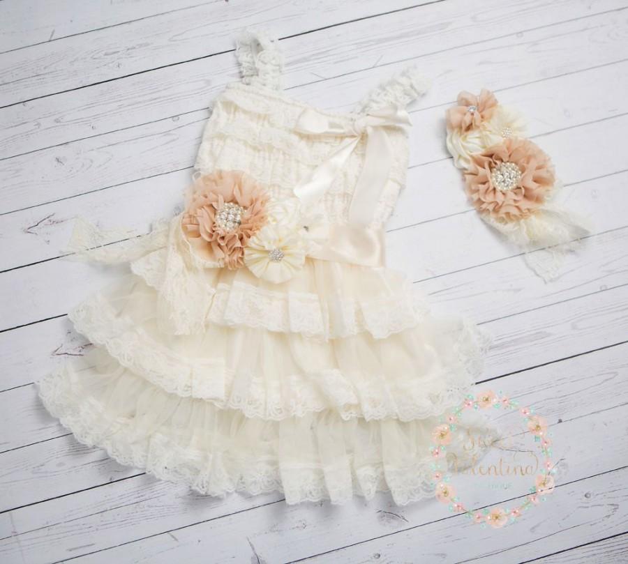 Hochzeit - Ivory lace flower girl dress, rustic flower girl dress,country lace flower girl dress, Champagne lace dress, Baptism dress, Easter dress.