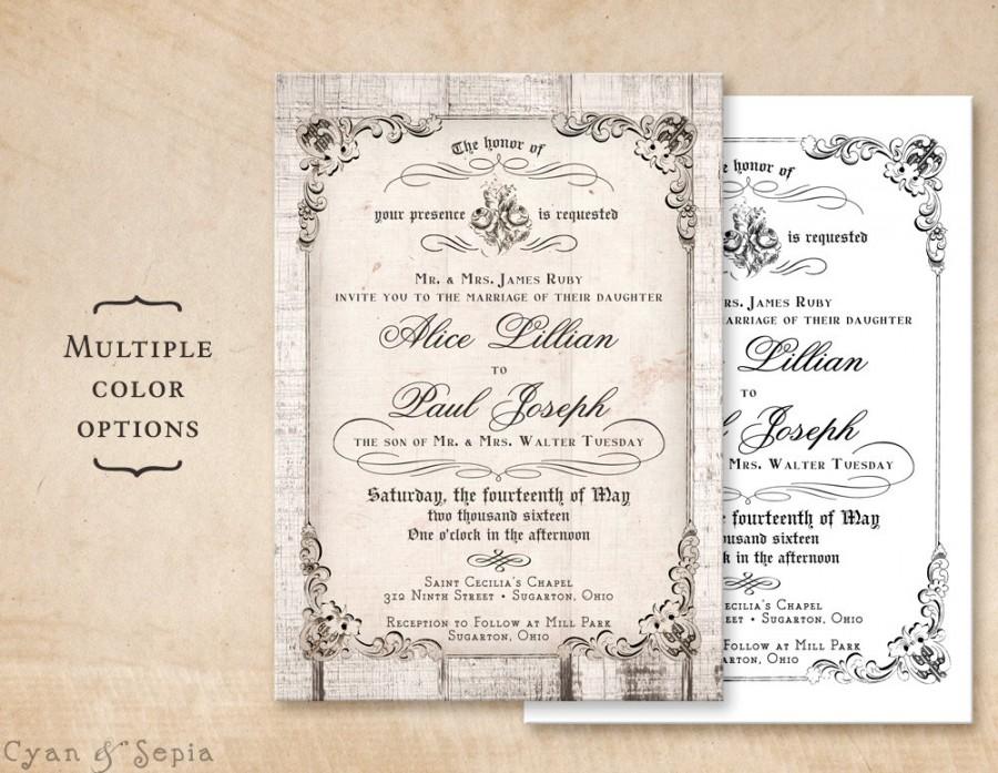Свадьба - Printable 5x7 Wedding Invitation - Antique Calligraphy, Wood or Plain - Cottage Victorian Rustic Customized DIY - White Gray Black Neutral