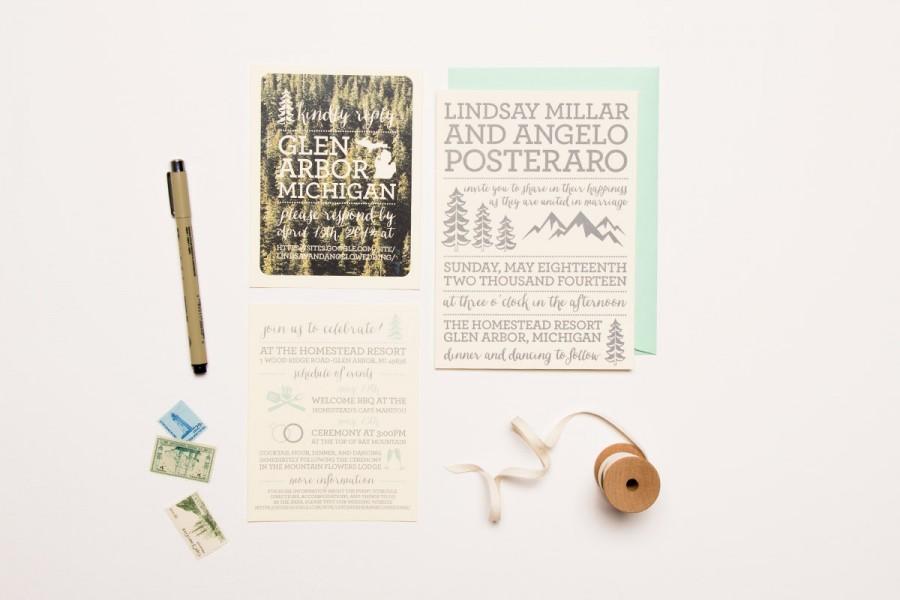 Hochzeit - Rustic Mountain Wedding Invitation Set - Letterpress Printed