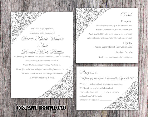 Hochzeit - Wedding Invitation Template Download Printable Wedding Invitation Editable Silver Invitation Gray Invitation Elegant Floral Invitation DIY