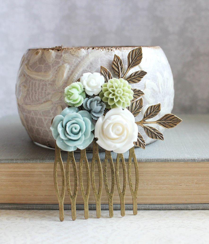 Grey Flower Bridal Comb Something Blue Bridesmaids Gift Light Blue Rose