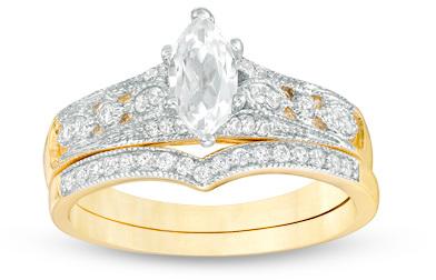 زفاف - Marquise Lab-Created White Sapphire and 1/8 CT. T.W. Diamond Vintage-Style Bridal Set in 10K Gold