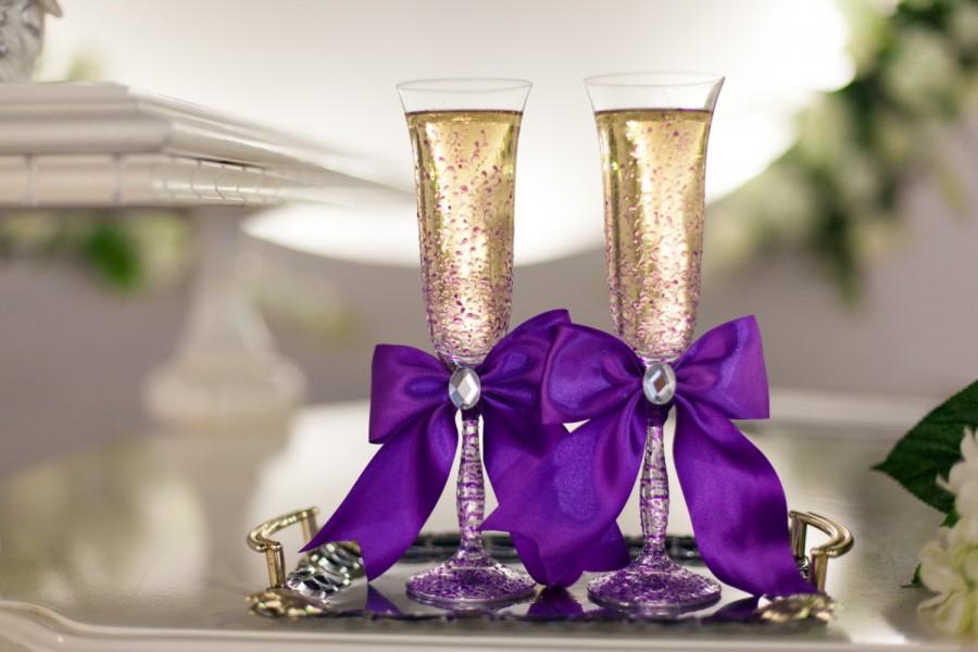 Hochzeit - luxury  Purple LACE Wedding glasses / champagne flutes for bride and groom G4/6-0001