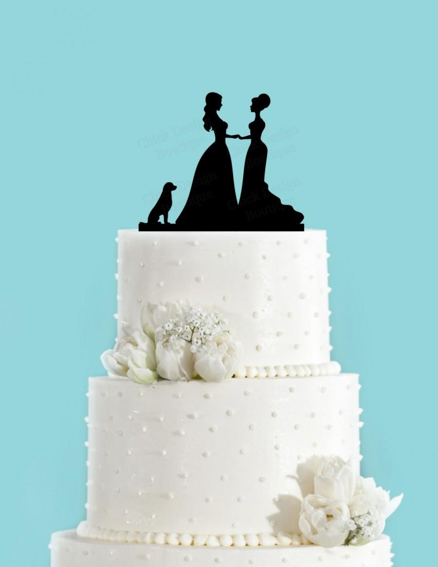 Hochzeit - Bride and Bride Couple with Dog Acrylic Wedding Cake Topper, Same Sex Cake Topper, Lesbian Cake Topper