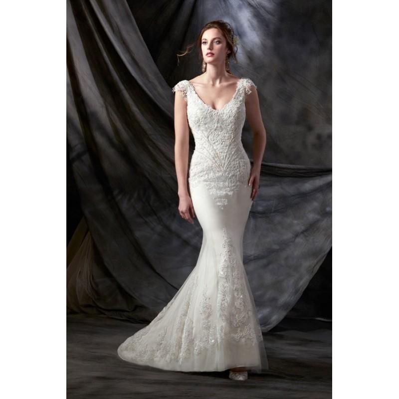 Hochzeit - Style C8031 by Karelina Sposa Exclusive - Chapel Length V-neck Cap sleeve Floor length LaceNet Sheath Dress - 2017 Unique Wedding Shop