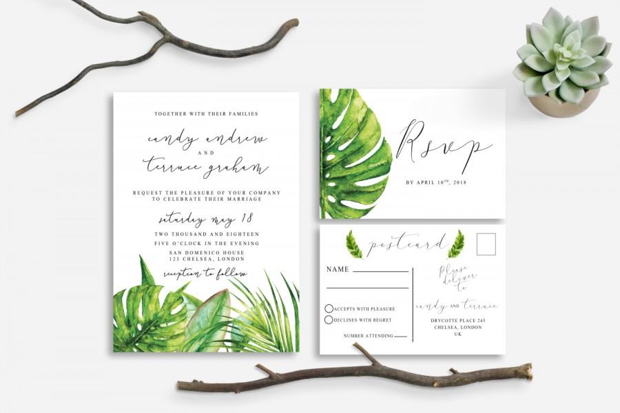 Hochzeit - Printable wedding invitation tropical nature leaves green, Tropical wedding invitation, tropical Leaves Postcard RSVP, The Aura collection
