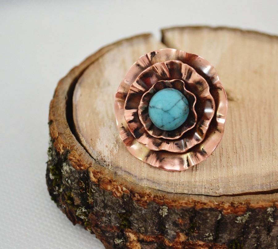Wedding - Flower Ring Copper Howlit turquoise Boho Ring Unique Ring Statement Ring Copper Sheet Embossed Not Heavy Blue Universal Rings Big Large